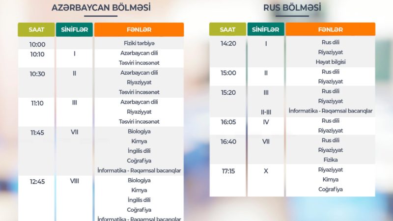 Teledərslərin sabaha olan CƏDVƏLİ