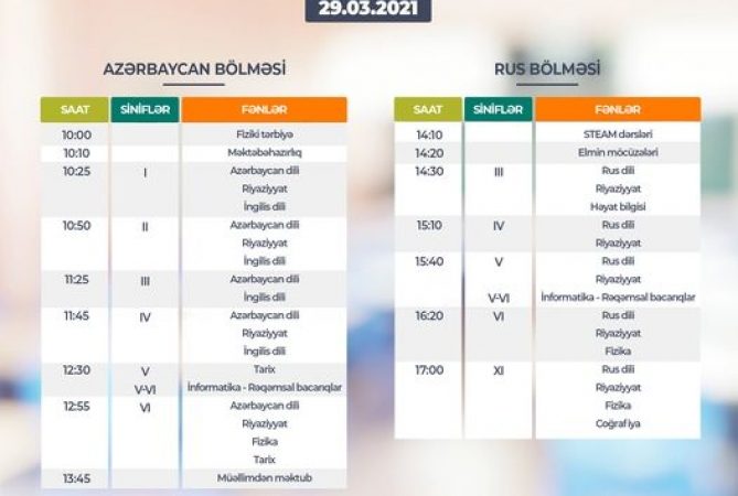 Teledərslərin martın 29-na olan cədvəli