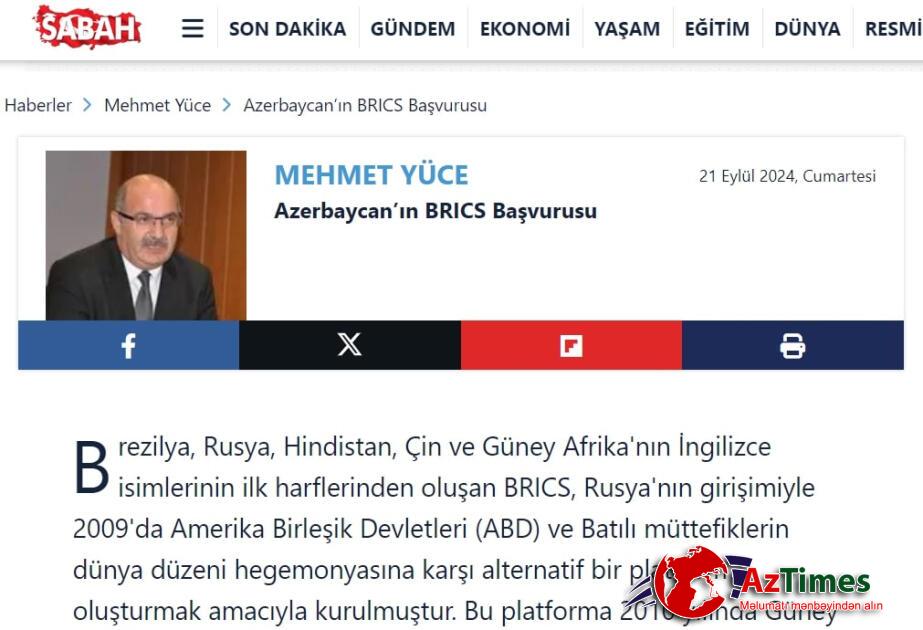 “Sabah” qəzeti: Azərbaycan BRICS-in Qərbə “pəncərəsi” ola bilər